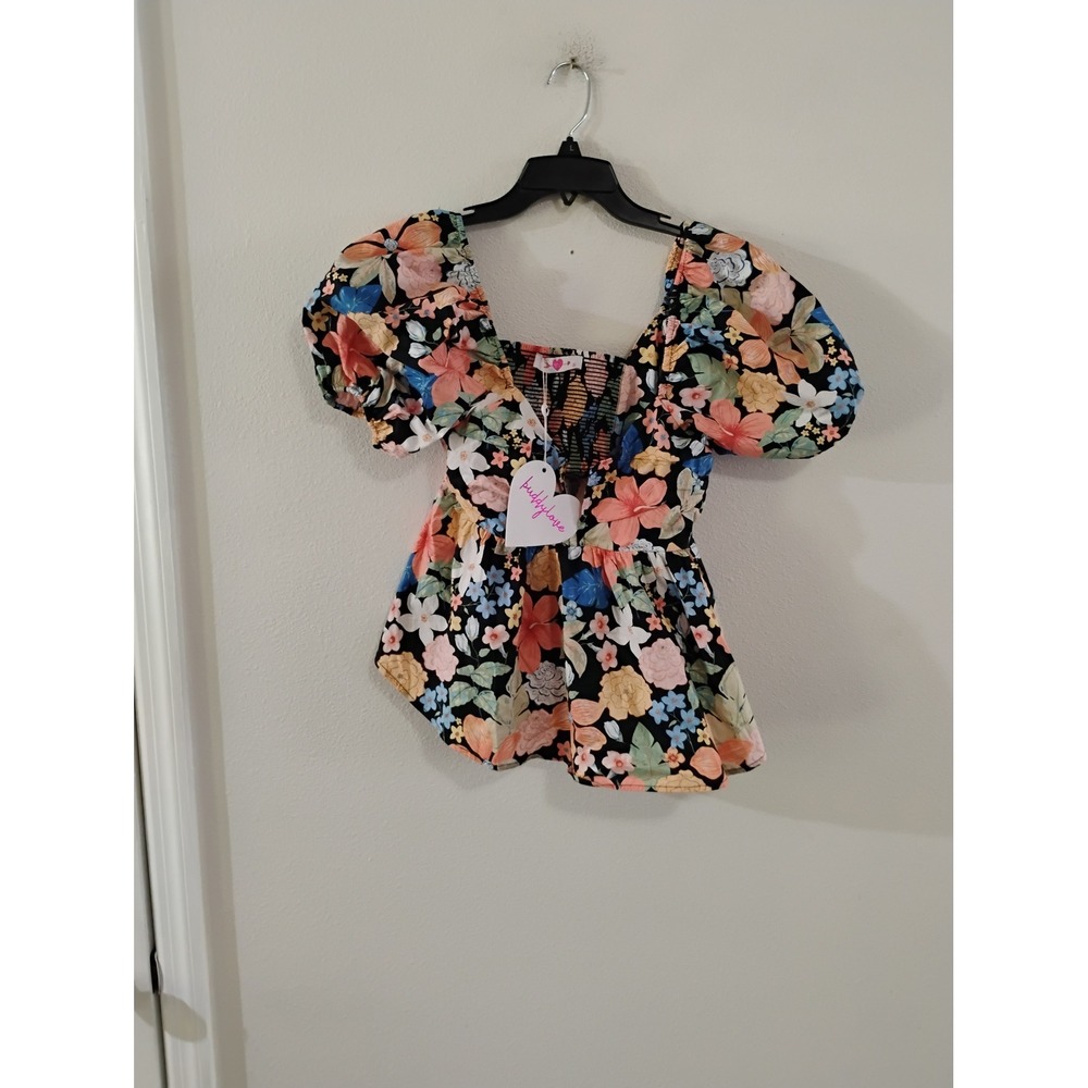 BuddyLove Floral Puff Sleeve Peplum Top Smocked Back Blouse Small NWT